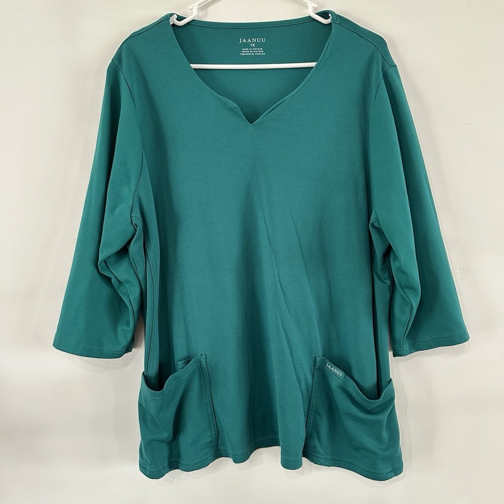 Women's Jaanuu 1X 3/4 Sleeve Hunter Green Scrub Top V Neck Pockets EUC‎